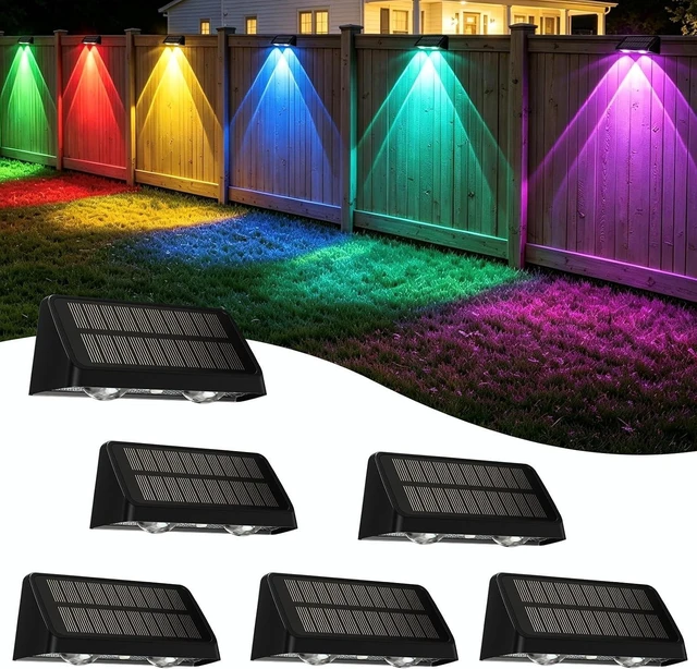 Main image of Solar Fence Lights Outdoor, Warm White and RGB Color Changing, 6 Pack
