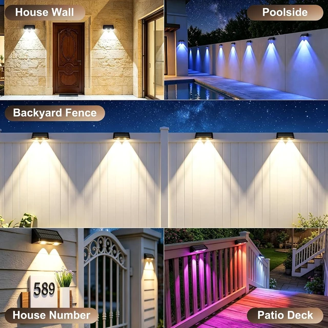Alt view image 3 of 7 - Solar Fence Lights Outdoor, Warm White and RGB Color Changing, 6 Pack