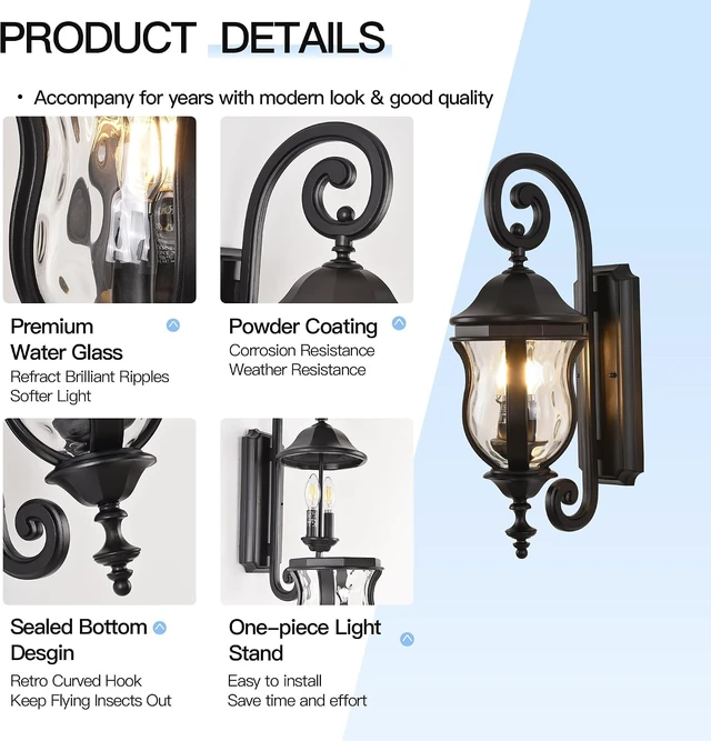 Alt view image 2 of 7 - Black Outdoor Wall Sconces, 22.8" Large Exterior Wall Lanterns