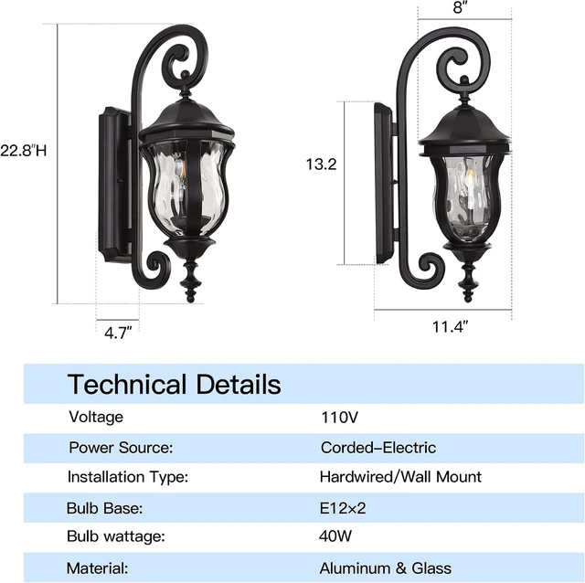 Alt view image 4 of 7 - Black Outdoor Wall Sconces, 22.8" Large Exterior Wall Lanterns