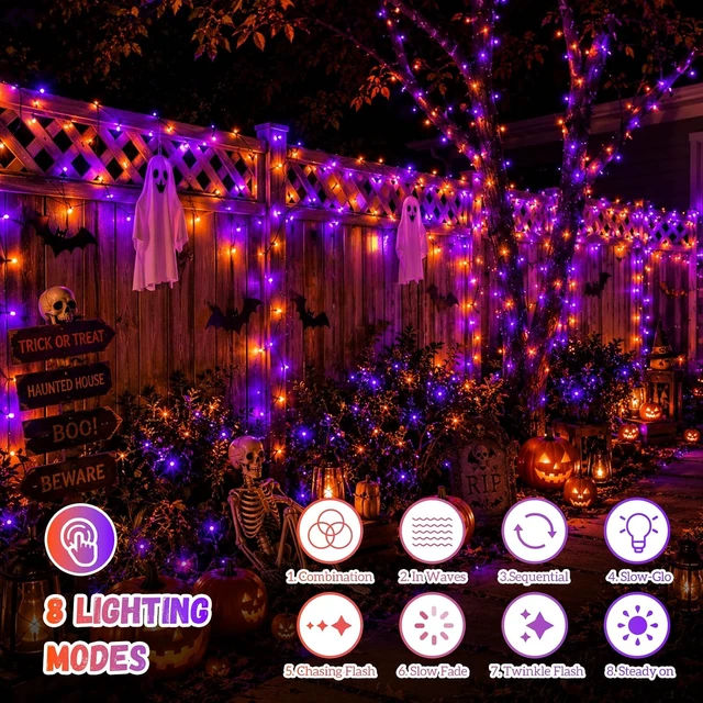 Alt view image 3 of 7 - QITONG Solar Halloween String Lights, 2 Pack Each 66ft 200 LED Orange and Purple led Lights Outdoor Waterproof, 8 Modes Solar Twinkle Lights for Garden Patio Yard
