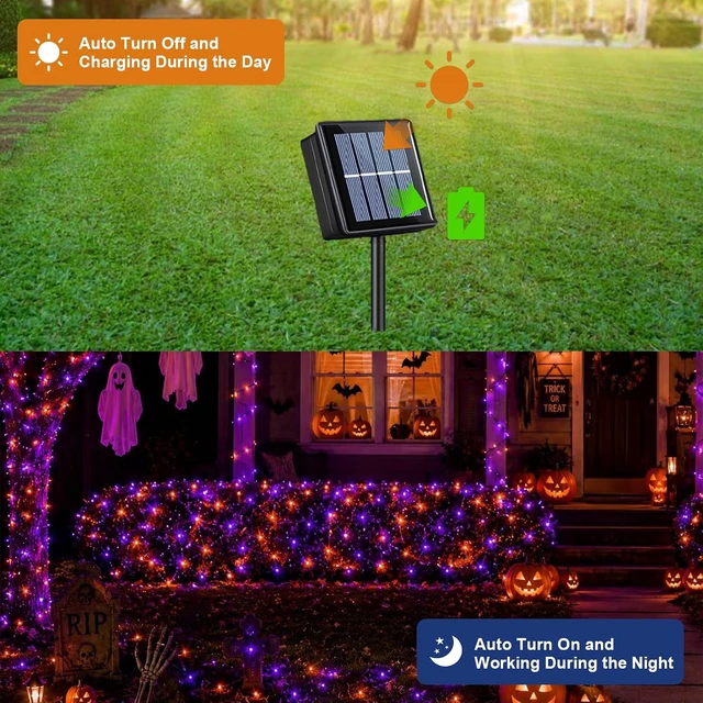 Alt view image 4 of 7 - QITONG Solar Halloween String Lights, 2 Pack Each 66ft 200 LED Orange and Purple led Lights Outdoor Waterproof, 8 Modes Solar Twinkle Lights for Garden Patio Yard