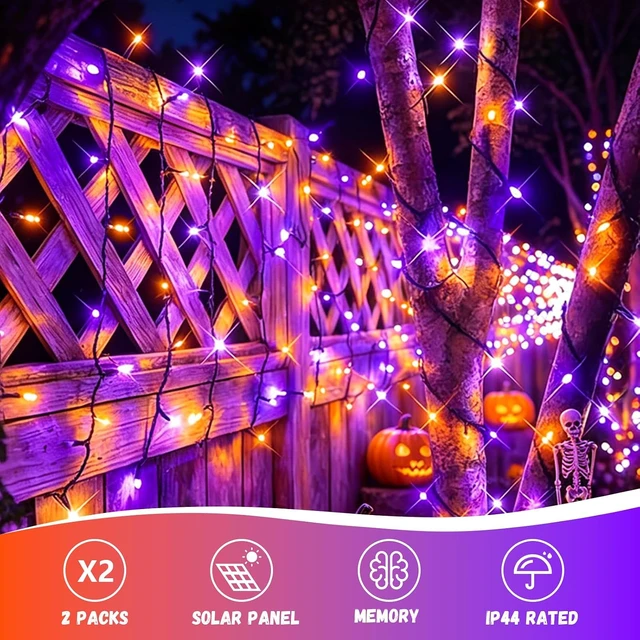 Alt view image 5 of 7 - QITONG Solar Halloween String Lights, 2 Pack Each 66ft 200 LED Orange and Purple led Lights Outdoor Waterproof, 8 Modes Solar Twinkle Lights for Garden Patio Yard