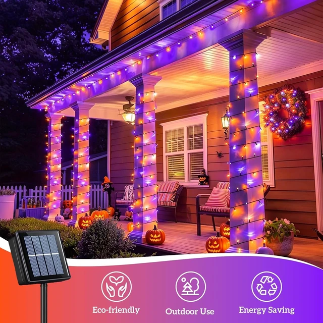 Alt view image 6 of 7 - QITONG Solar Halloween String Lights, 2 Pack Each 66ft 200 LED Orange and Purple led Lights Outdoor Waterproof, 8 Modes Solar Twinkle Lights for Garden Patio Yard
