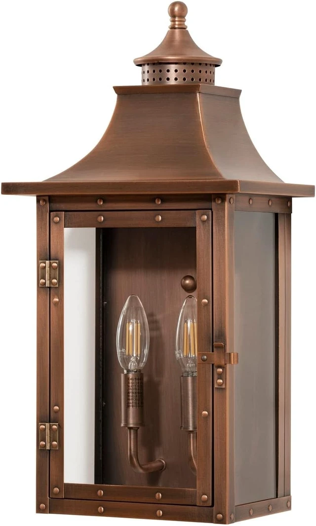 Alt view image 3 of 4 - Acclaim Lighting 8312CP | Vintage Solid Copper Two Light Dimmable Wall Mounted Outdoor Wet Rated Lantern with Clear Glass | Hand Crafted Classic Colonial America Design (Copper Patina - Style Two)