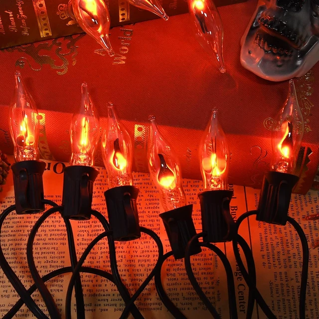 Alt view image 2 of 7 - PASUTO 27.8Ft Halloween Decor Lights Flickering Flame String Lights with 25+4 Pack Clear Glass Flame Light Bulbs for Fall Decor Halloween Decorations Indoor Outdoor Home Party Fireplace, E12 Base