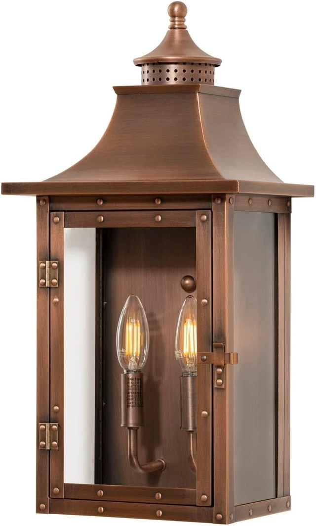 Alt view image 4 of 4 - Acclaim Lighting 8312CP | Vintage Solid Copper Two Light Dimmable Wall Mounted Outdoor Wet Rated Lantern with Clear Glass | Hand Crafted Classic Colonial America Design (Copper Patina - Style Two)