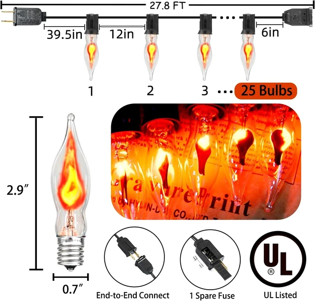 Alt view image 3 of 7 - PASUTO 27.8Ft Halloween Decor Lights Flickering Flame String Lights with 25+4 Pack Clear Glass Flame Light Bulbs for Fall Decor Halloween Decorations Indoor Outdoor Home Party Fireplace, E12 Base