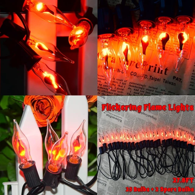 Alt view image 4 of 7 - PASUTO 27.8Ft Halloween Decor Lights Flickering Flame String Lights with 25+4 Pack Clear Glass Flame Light Bulbs for Fall Decor Halloween Decorations Indoor Outdoor Home Party Fireplace, E12 Base