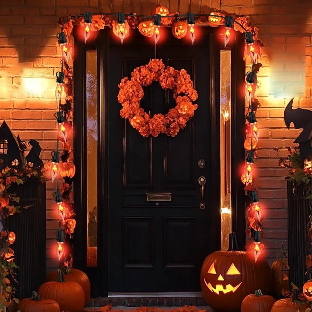 Alt view image 7 of 7 - PASUTO 27.8Ft Halloween Decor Lights Flickering Flame String Lights with 25+4 Pack Clear Glass Flame Light Bulbs for Fall Decor Halloween Decorations Indoor Outdoor Home Party Fireplace, E12 Base