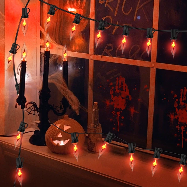 Alt view image 6 of 7 - PASUTO 27.8Ft Halloween Decor Lights Flickering Flame String Lights with 25+4 Pack Clear Glass Flame Light Bulbs for Fall Decor Halloween Decorations Indoor Outdoor Home Party Fireplace, E12 Base