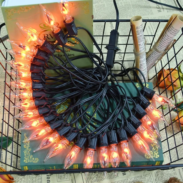 Main image of PASUTO 27.8Ft Halloween Decor Lights Flickering Flame String Lights with 25+4 Pack Clear Glass Flame Light Bulbs for Fall Decor Halloween Decorations Indoor Outdoor Home Party Fireplace, E12 Base