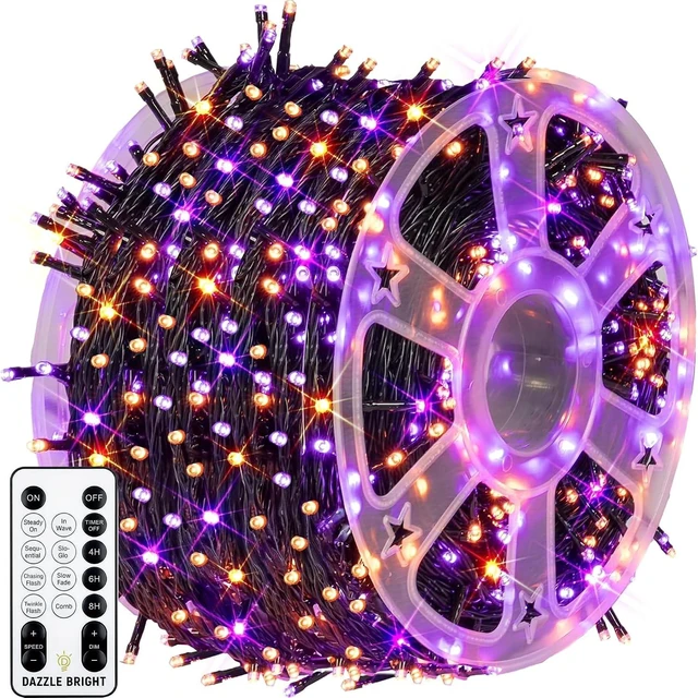 Main image of Dazzle Bright Outdoor Halloween String Lights, 1000 LED 328 FT Plug in Fairy Light with Remote Control 8 Modes & Timer, Waterproof Decoration for Home Garden Yard Wedding, Purple and Orange