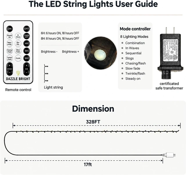 Alt view image 2 of 7 - Dazzle Bright Outdoor Halloween String Lights, 1000 LED 328 FT Plug in Fairy Light with Remote Control 8 Modes & Timer, Waterproof Decoration for Home Garden Yard Wedding, Purple and Orange