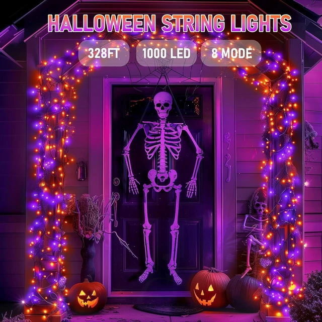 Alt view image 3 of 7 - Dazzle Bright Outdoor Halloween String Lights, 1000 LED 328 FT Plug in Fairy Light with Remote Control 8 Modes & Timer, Waterproof Decoration for Home Garden Yard Wedding, Purple and Orange