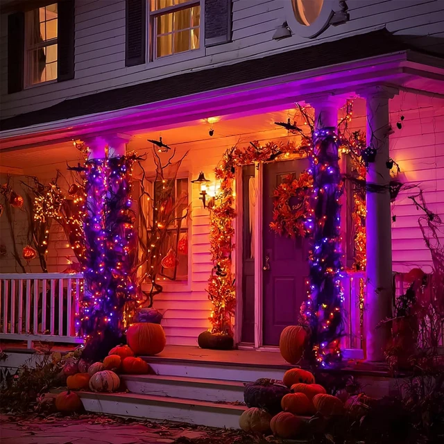 Alt view image 6 of 7 - Dazzle Bright Outdoor Halloween String Lights, 1000 LED 328 FT Plug in Fairy Light with Remote Control 8 Modes & Timer, Waterproof Decoration for Home Garden Yard Wedding, Purple and Orange
