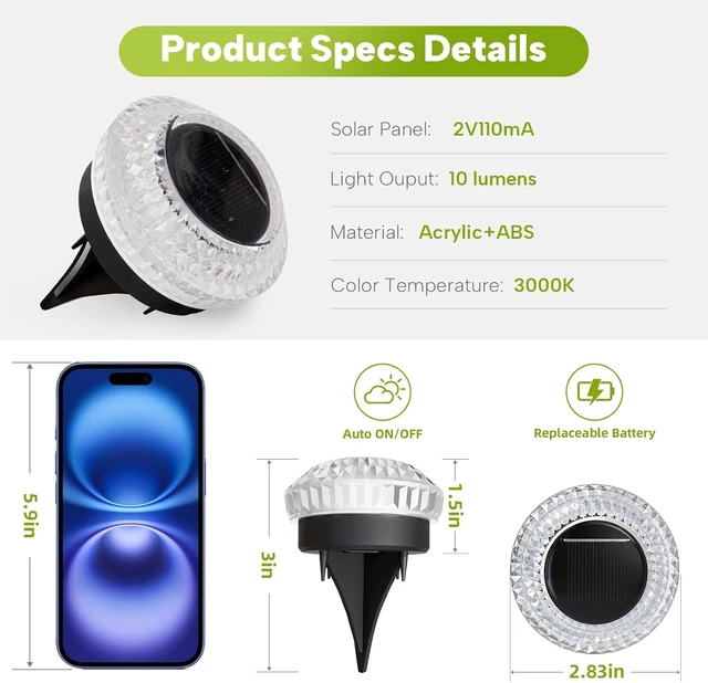 Alt view image 5 of 7 - Solar Deck Lights Outdoor, IP67 Waterproof Solar Driveway Dock Lights
