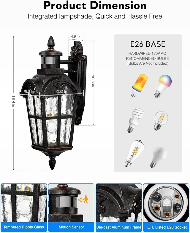 Alt view image 6 of 7 - VIANIS 16.4" Motion Sensor Outdoor Lights, 2-Pack Vintage ORB, Aluminum