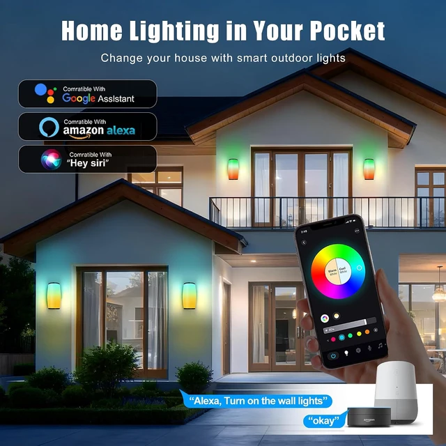 Alt view image 4 of 7 - Smart Outdoor Wall Light RGBIC 2400LM, WiFi App Control, Porch Sconce