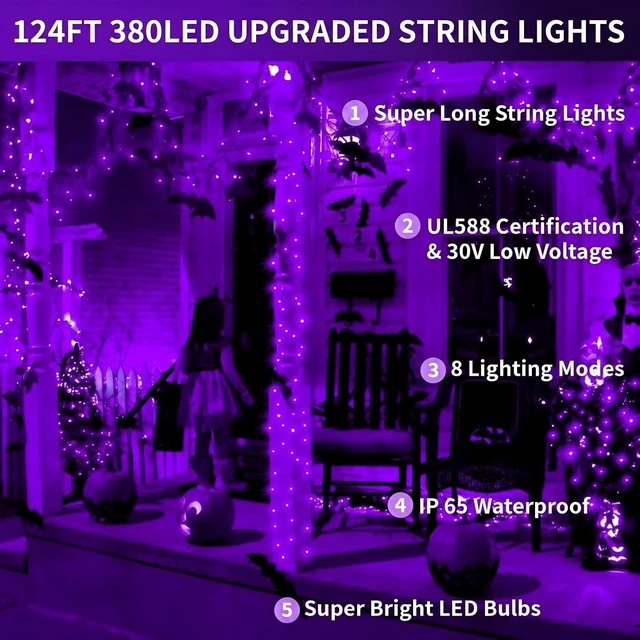 Alt view image 2 of 7 - FLVOECN 380 LED 124FT Purple Halloween Lights Timer 8 Modes