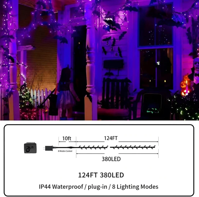 Alt view image 3 of 7 - FLVOECN 380 LED 124FT Purple Halloween Lights Timer 8 Modes