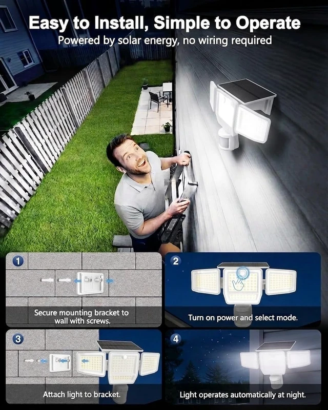 Alt view image 3 of 7 - 6000LM Solar Flood Lights Outdoor, 4 Heads with Large Motion Sensor