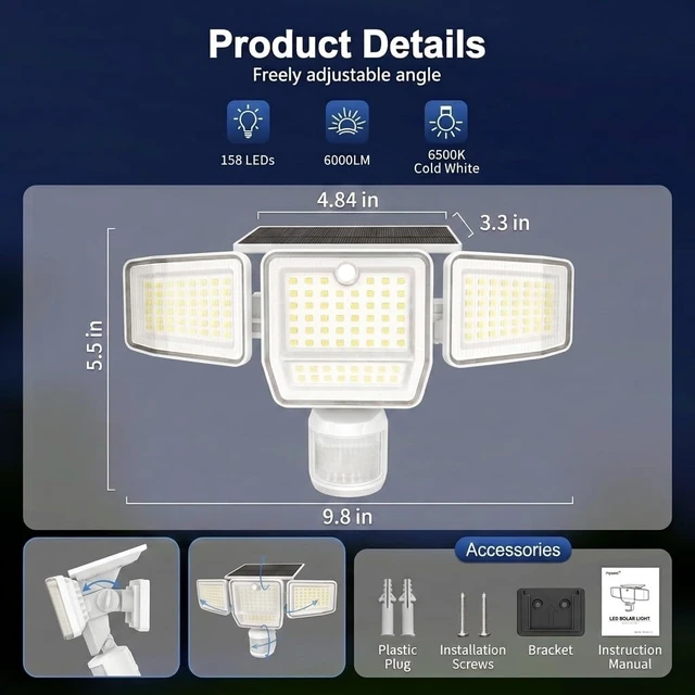 Alt view image 2 of 7 - 6000LM Solar Flood Lights Outdoor, 4 Heads with Large Motion Sensor