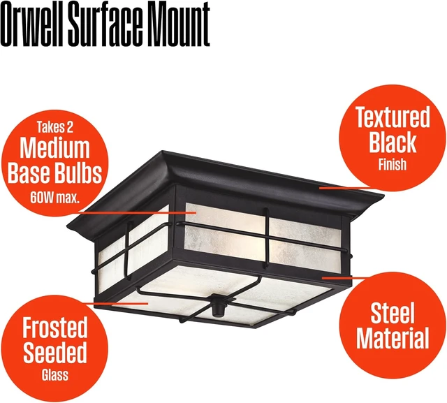 Alt view image 4 of 7 - Westinghouse 6204800 Orwell Two-Light Outdoor Flush-Mount Fixture, Textured Black Finish on Steel with Frosted Seeded Glass