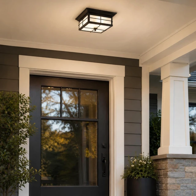 Alt view image 5 of 7 - Westinghouse 6204800 Orwell Two-Light Outdoor Flush-Mount Fixture, Textured Black Finish on Steel with Frosted Seeded Glass