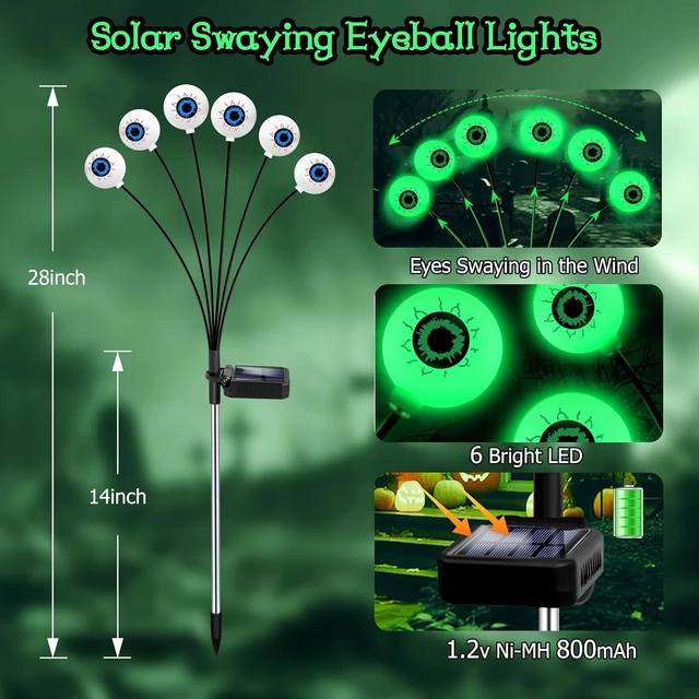 Alt view image 2 of 7 - Kohlrabi Halloween Decorations Outdoor, 4 Pack 24 LED Solar Scary Eyeball Swaying Lights, Green Solar Firefly Lights Waterproof Outdoor Garden Light for Halloween Yard Garden Lawn Party Flower Bed