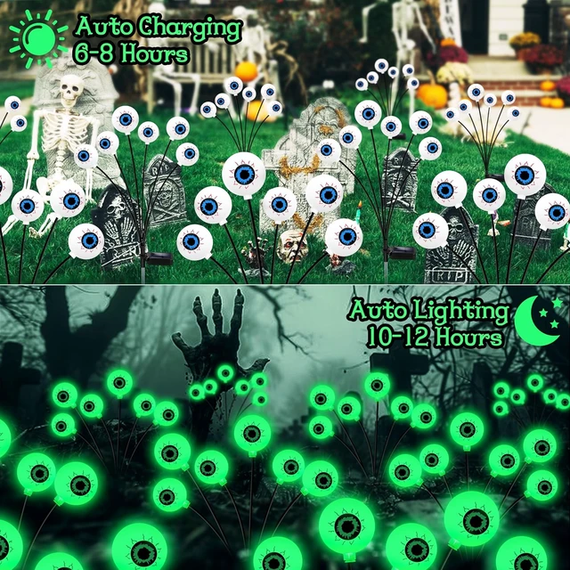 Alt view image 3 of 7 - Kohlrabi Halloween Decorations Outdoor, 4 Pack 24 LED Solar Scary Eyeball Swaying Lights, Green Solar Firefly Lights Waterproof Outdoor Garden Light for Halloween Yard Garden Lawn Party Flower Bed