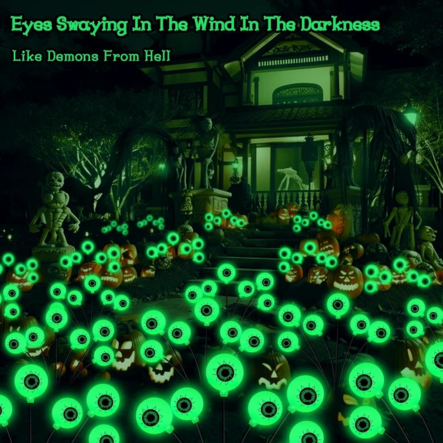 Alt view image 6 of 7 - Kohlrabi Halloween Decorations Outdoor, 4 Pack 24 LED Solar Scary Eyeball Swaying Lights, Green Solar Firefly Lights Waterproof Outdoor Garden Light for Halloween Yard Garden Lawn Party Flower Bed
