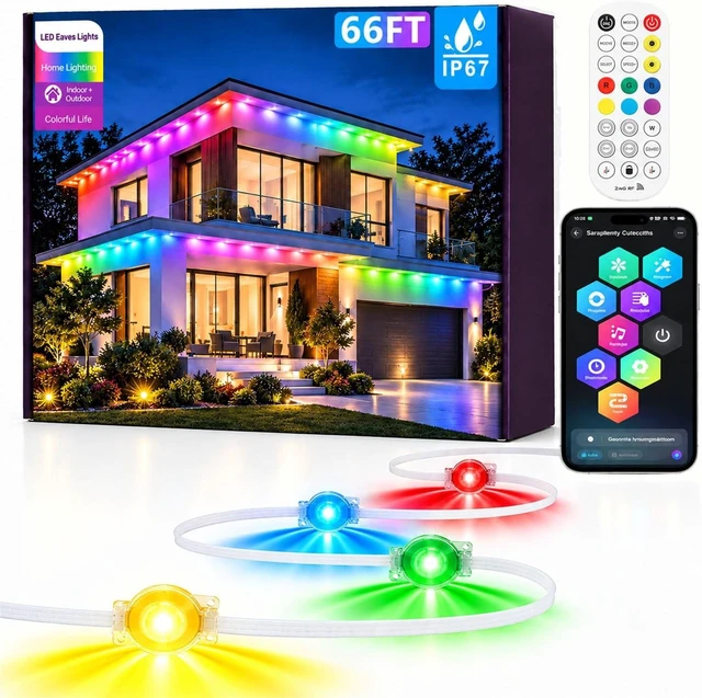 Main image of 66Ft Permanent Outdoor Lights, RGB+IC Smart LED Eave Lighting with App/Remote Control,IP67 Waterproof,16 Million Colors,Scene Modes, DIY Music Sync, for Christmas, Holiday & Party Decor