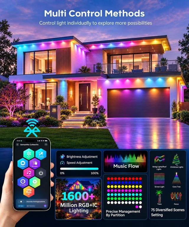 Alt view image 2 of 7 - 66Ft Permanent Outdoor Lights, RGB+IC Smart LED Eave Lighting with App/Remote Control,IP67 Waterproof,16 Million Colors,Scene Modes, DIY Music Sync, for Christmas, Holiday & Party Decor