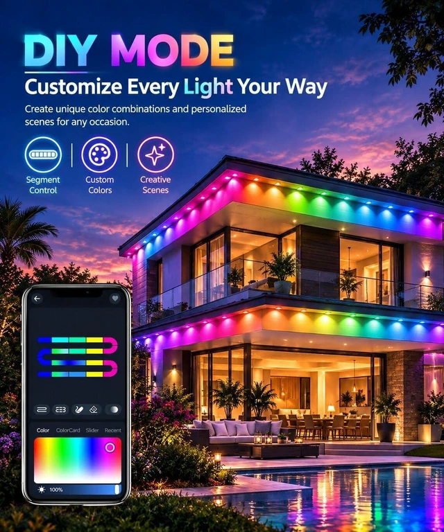 Alt view image 5 of 7 - 66Ft Permanent Outdoor Lights, RGB+IC Smart LED Eave Lighting with App/Remote Control,IP67 Waterproof,16 Million Colors,Scene Modes, DIY Music Sync, for Christmas, Holiday & Party Decor