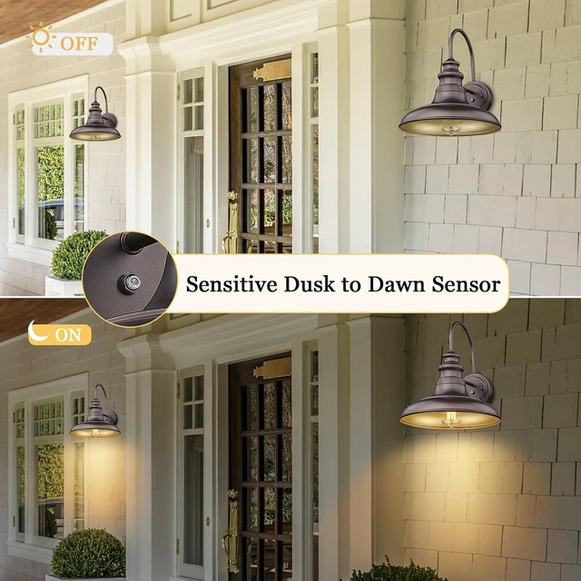 Alt view image 2 of 7 - Dusk to Dawn Sensor Outdoor Barn Light Fixture Outdoor Wall Sconce Farmhouse Wall Mount Lights Exterior Light Fixture Bronze Finish Industrial Wall Lantern for Porch, Entryways, 1 Pack
