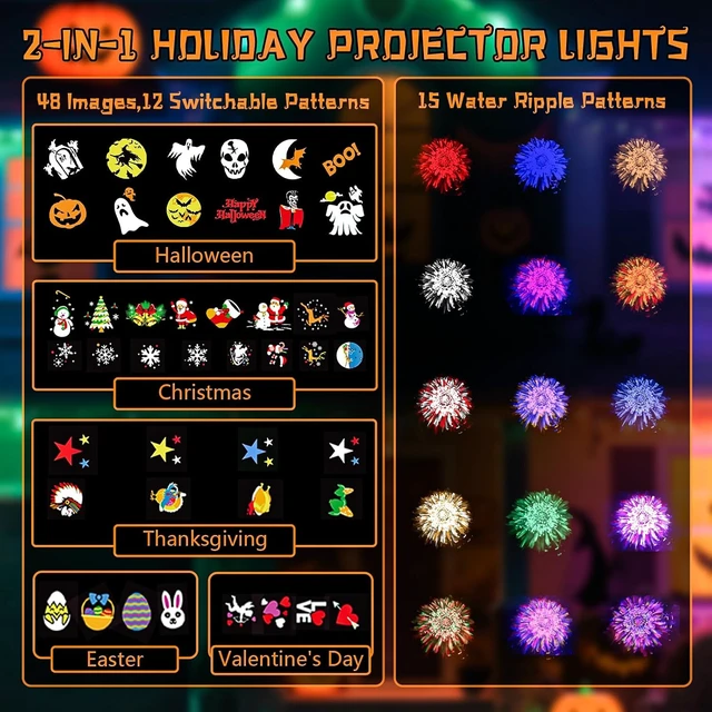 Alt view image 2 of 7 - 2-in-1 Halloween Projector Lights,2026 Brighter Holiday Projector Outdoor with Remote Control(Ocean Wave & Patterns), Three Fixing Methods, Timer, 12 Slide &15 Colors for Halloween/Christmas/New Year