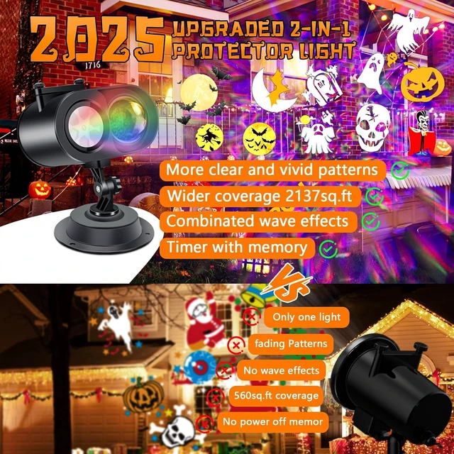 Alt view image 4 of 7 - 2-in-1 Halloween Projector Lights,2026 Brighter Holiday Projector Outdoor with Remote Control(Ocean Wave & Patterns), Three Fixing Methods, Timer, 12 Slide &15 Colors for Halloween/Christmas/New Year