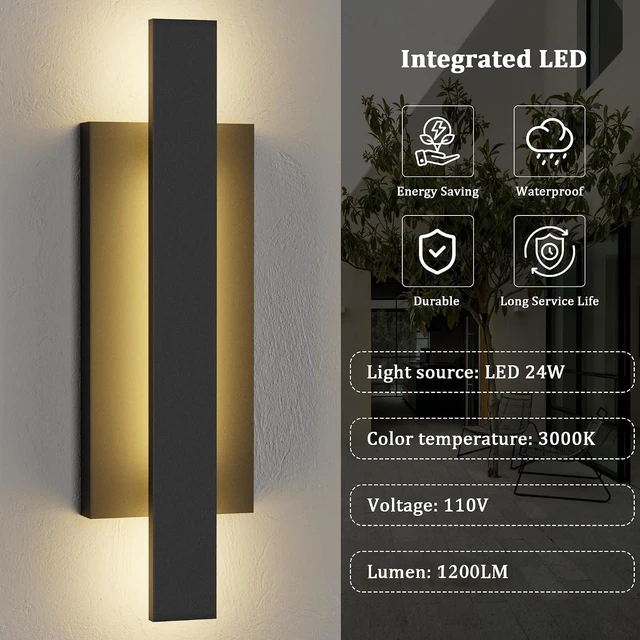 Alt view image 5 of 7 - LamQee 23 inch Aluminum Long Outdoor Wall Lights, 3000K 1200LM 24W LED Modern Exterior Lighting Fixtures, IP65 Waterproof Matte Black Linear Outside Sconce Wall Mount for House Porch Patio Garage Door
