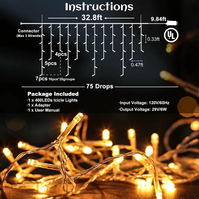 Alt view image 4 of 7 - Icicle Lights for Outside Christmas Lights Outdoor 33ft 400 LEDs Warm White