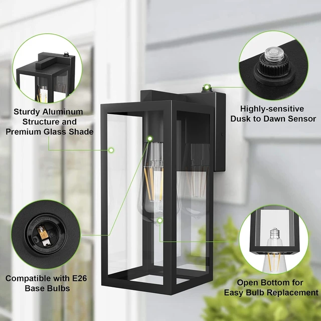 Alt view image 4 of 7 - Aipsun Outdoor Wall Lantern 2 Packs with Dusk to Dawn Sensor, Matte Black Sensor Exterior Light Fixtures,Exterior Wall Sconce with Clear Glass Shade(2700K E26 Bulbs Include)