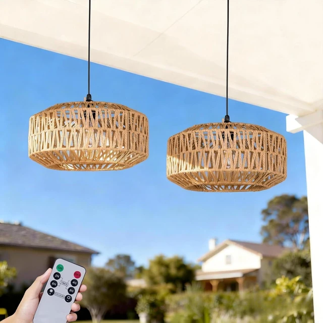 Main image of 13" Battery Operated Outdoor Chandelier, Battery Power Hanging Pendant Lights, Woven Rattan Gazebo Light Outdoor Waterproof, for Gazebo, Pergola, Porch, Indoor Outdoor Decor Lighting