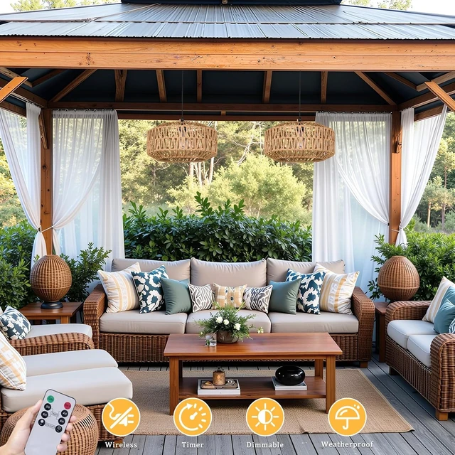 Alt view image 2 of 7 - 13" Battery Operated Outdoor Chandelier, Battery Power Hanging Pendant Lights, Woven Rattan Gazebo Light Outdoor Waterproof, for Gazebo, Pergola, Porch, Indoor Outdoor Decor Lighting