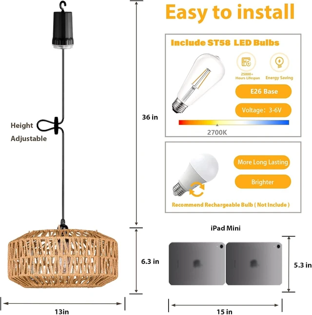 Alt view image 4 of 7 - 13" Battery Operated Outdoor Chandelier, Battery Power Hanging Pendant Lights, Woven Rattan Gazebo Light Outdoor Waterproof, for Gazebo, Pergola, Porch, Indoor Outdoor Decor Lighting