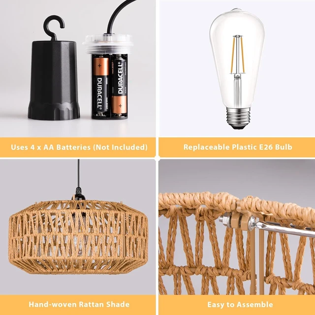 Alt view image 5 of 7 - 13" Battery Operated Outdoor Chandelier, Battery Power Hanging Pendant Lights, Woven Rattan Gazebo Light Outdoor Waterproof, for Gazebo, Pergola, Porch, Indoor Outdoor Decor Lighting
