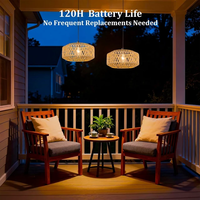Alt view image 6 of 7 - 13" Battery Operated Outdoor Chandelier, Battery Power Hanging Pendant Lights, Woven Rattan Gazebo Light Outdoor Waterproof, for Gazebo, Pergola, Porch, Indoor Outdoor Decor Lighting