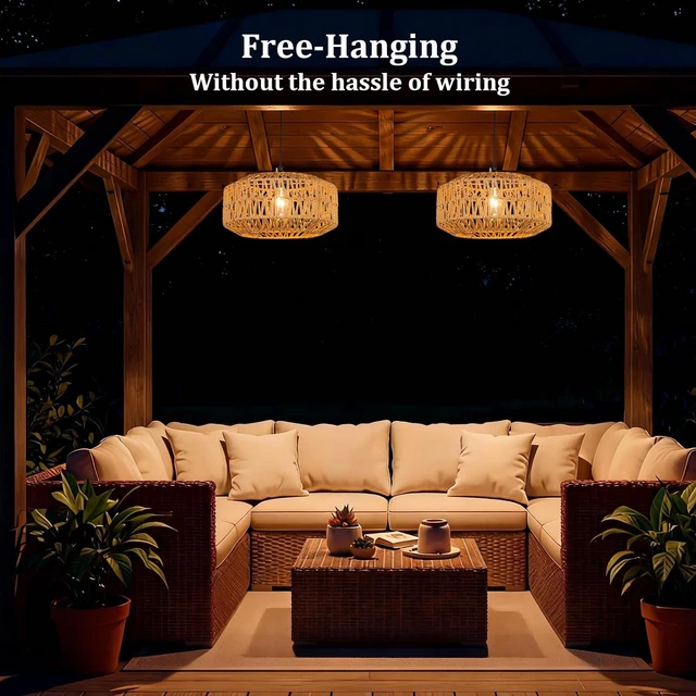 Alt view image 7 of 7 - 13" Battery Operated Outdoor Chandelier, Battery Power Hanging Pendant Lights, Woven Rattan Gazebo Light Outdoor Waterproof, for Gazebo, Pergola, Porch, Indoor Outdoor Decor Lighting