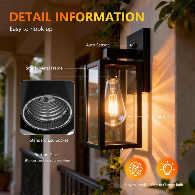 Alt view image 4 of 7 - Dawn to Dusk Sensor Outdoor Light Fixture Waterproof Porch Lights Anti-Rust Exterior Wall Lighting Outdoor Wall Lantern for Patio Front Door Garage House