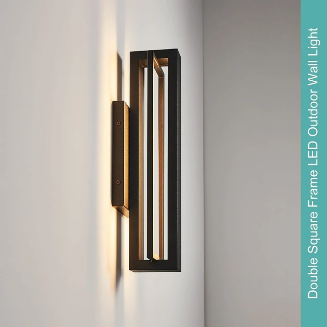 Alt view image 2 of 7 - Tarentlight Double Square Frame Outdoor LED Wall Light, 15 Inch Textured Black Wall Sconce, Sleek Modern Light Fixture, Integrated LED 3000K 16W, Outside Lights for Patio, Porch, Front Door or Garage