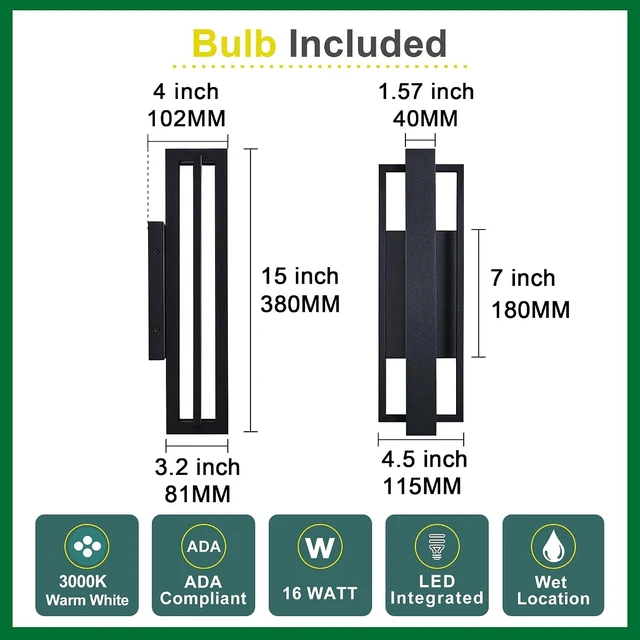 Alt view image 4 of 7 - Tarentlight Double Square Frame Outdoor LED Wall Light, 15 Inch Textured Black Wall Sconce, Sleek Modern Light Fixture, Integrated LED 3000K 16W, Outside Lights for Patio, Porch, Front Door or Garage